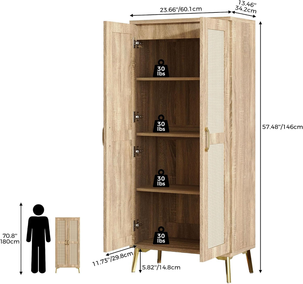 JASIWAY Tall Bathroom Storage Cabinet 57" Rattan Pantry Cabinet, Wood