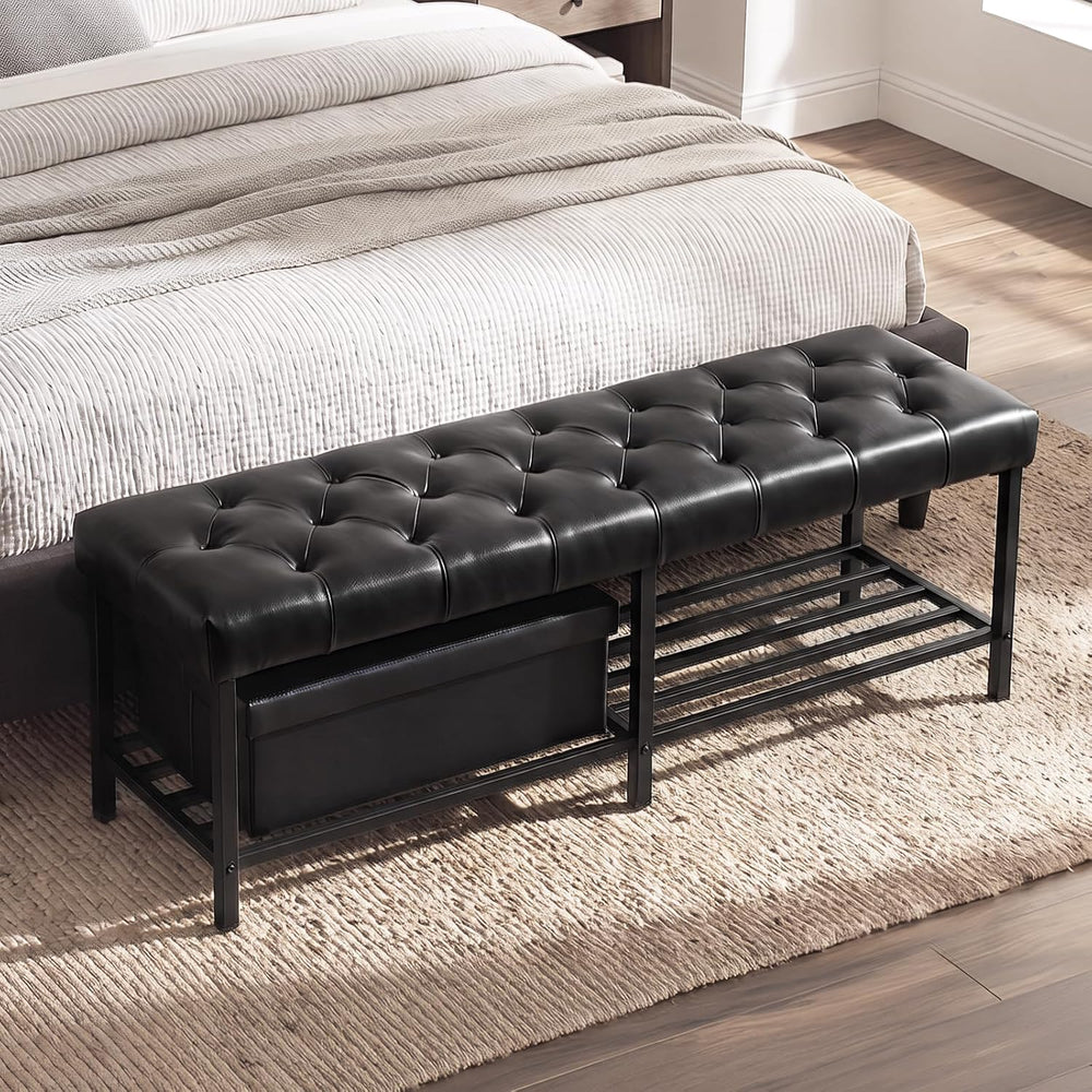 SOFTHION 55.5" End of Bed Bench, Faux Leather Entryway Bench, Black | Mo...