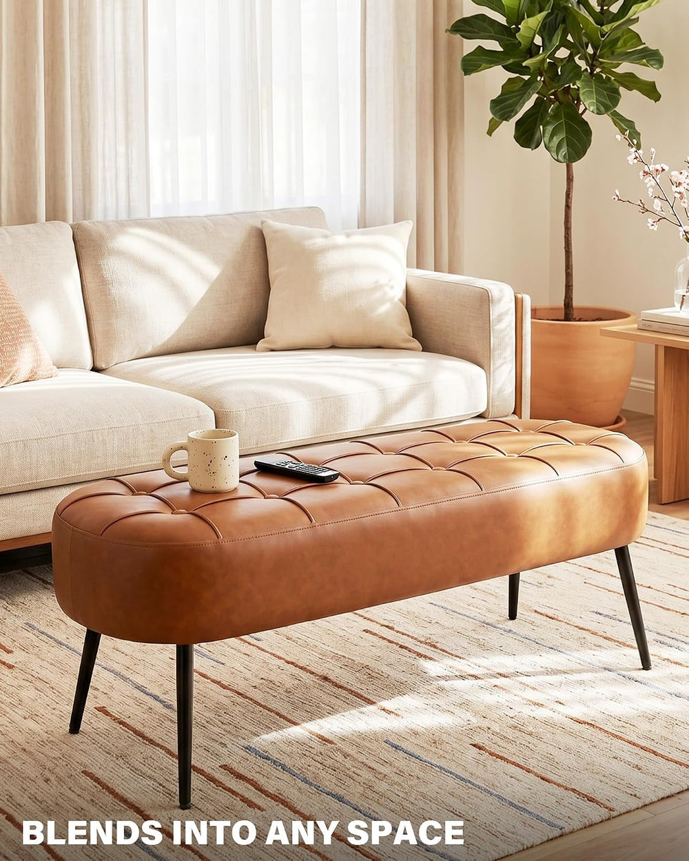 Entryway Bench, Modern PU Leather Upholstered End of Bed Bench Brown