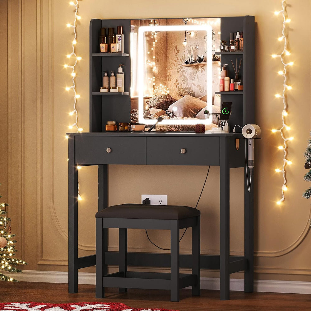 Vanity Desk with LED Mirror, 3 Lighting Modes and Chair