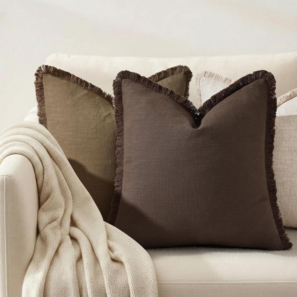 decorUhome Linen Fringe Chocolate Throw Pillow Covers 18x18 Set of 2