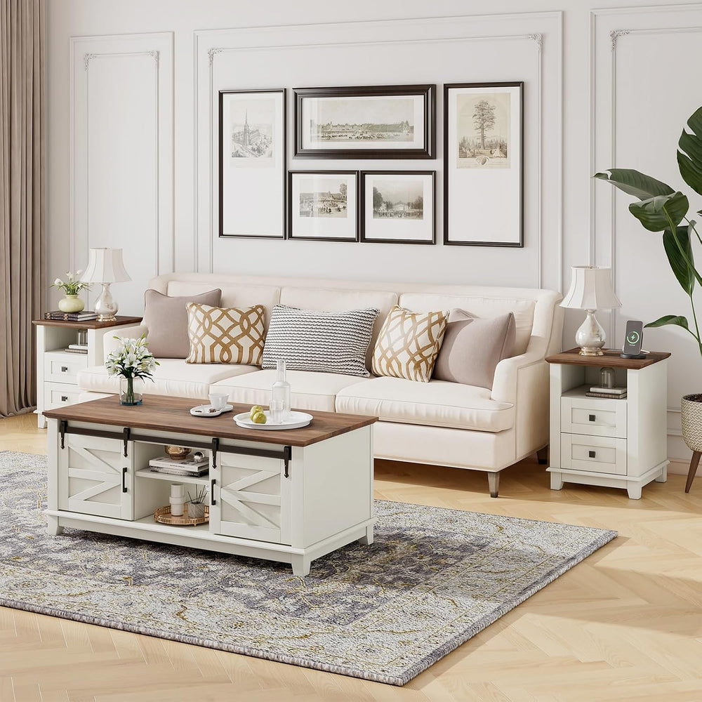 LUXOAK Farmhouse Table Set of 3, Coffee Table with Sliding Barn Doors, End Ta...