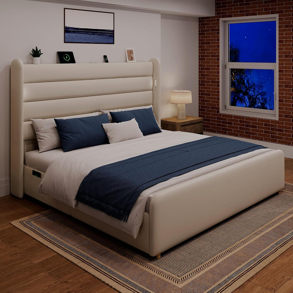 Queen Size Bed Frame with 59'' Tall Headboard with Readlight, White
