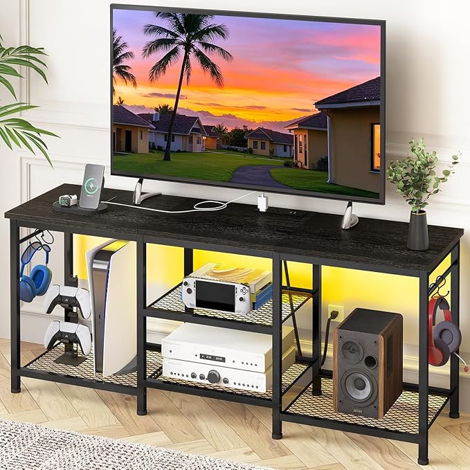 YGEOMER Black TV Stand Entertainment Center for 55 Inch TVs, with Charging St...