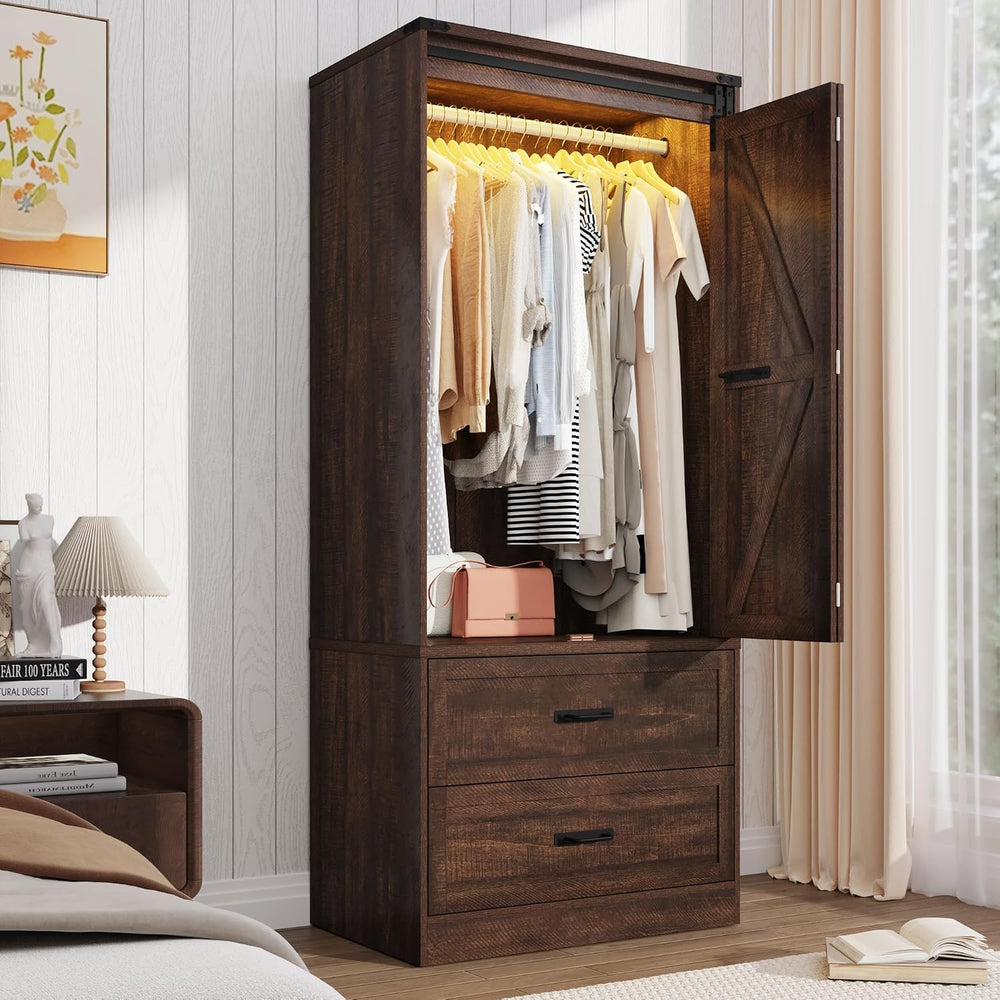 Farmhouse 2 Doors Armoire Wardrobe Closet w/ Folding Sliding Barn Door and Li...