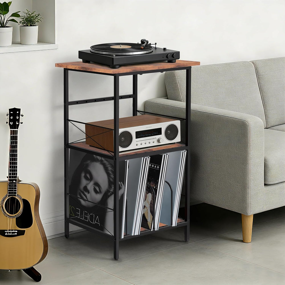 Record Player Stand with 4 Adjustable Dividers, Vinyl Record Storage Holds 20...