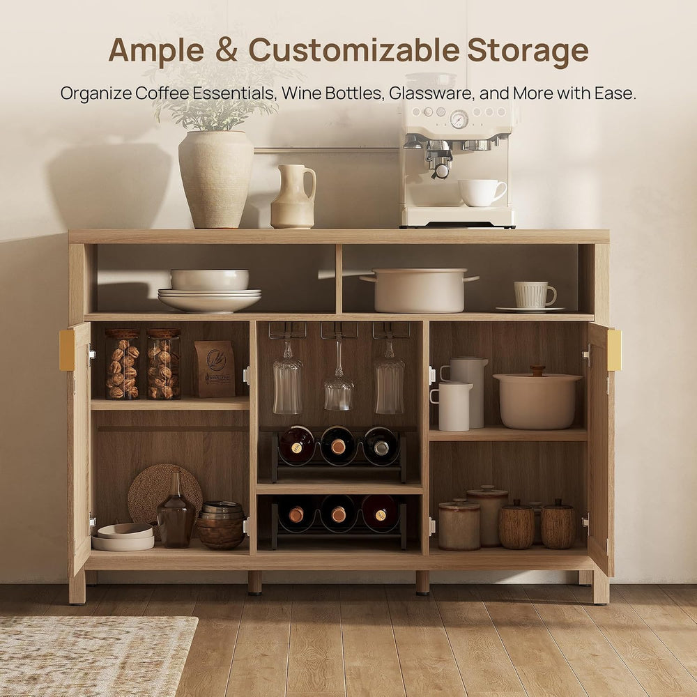 SICOTAS 51" Coffee Bar Cabinet with Storage, Rattan Bar Cart Liquor Cabi...