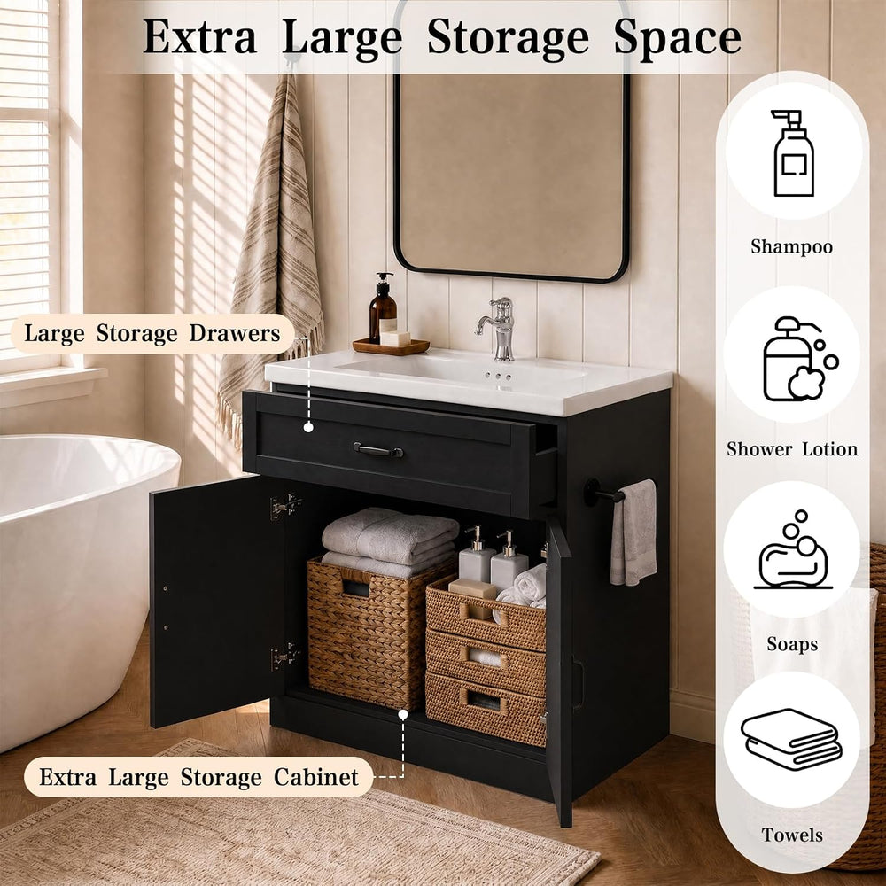 31 Inch Bathroom Vanity with Sink, Drawer and Barn Doors Cabinet, Black | Far...