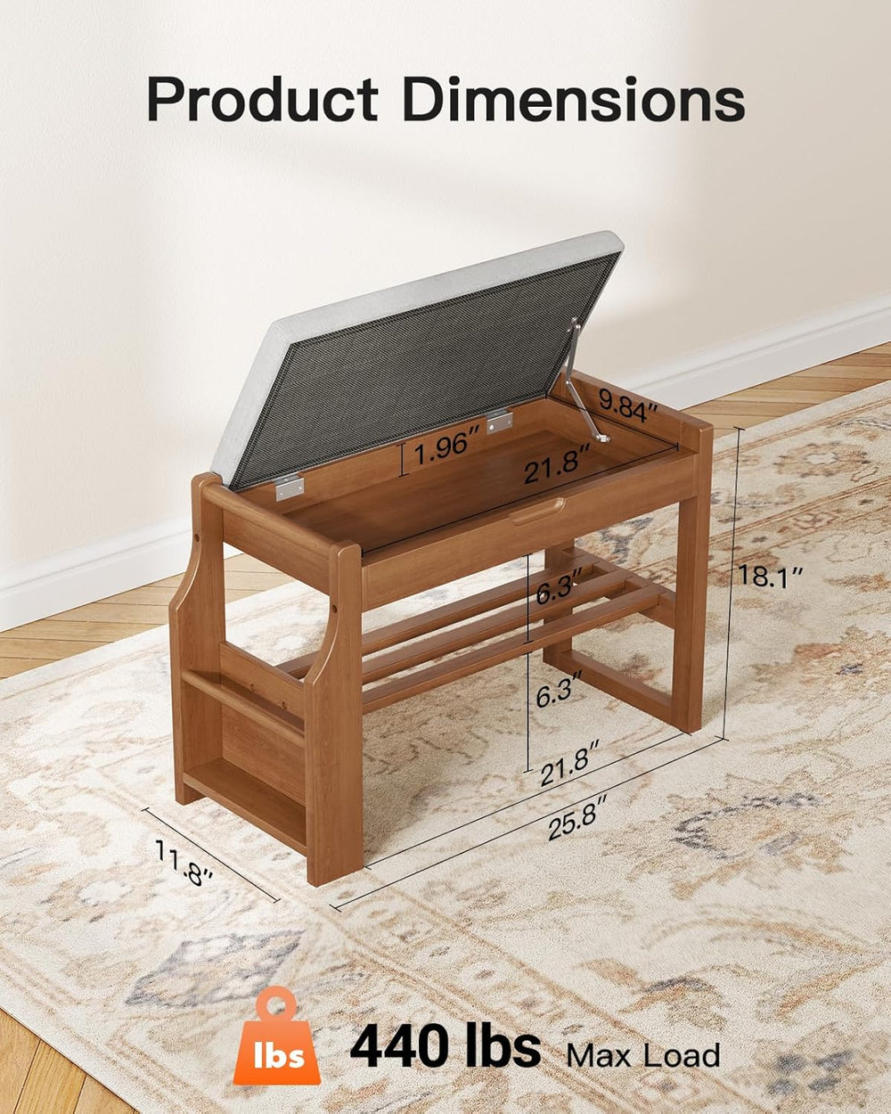Pipishell 26″ Solid Pine Wood Shoe Rack Bench with Soft Cushion, 2 Tiers Shoe...