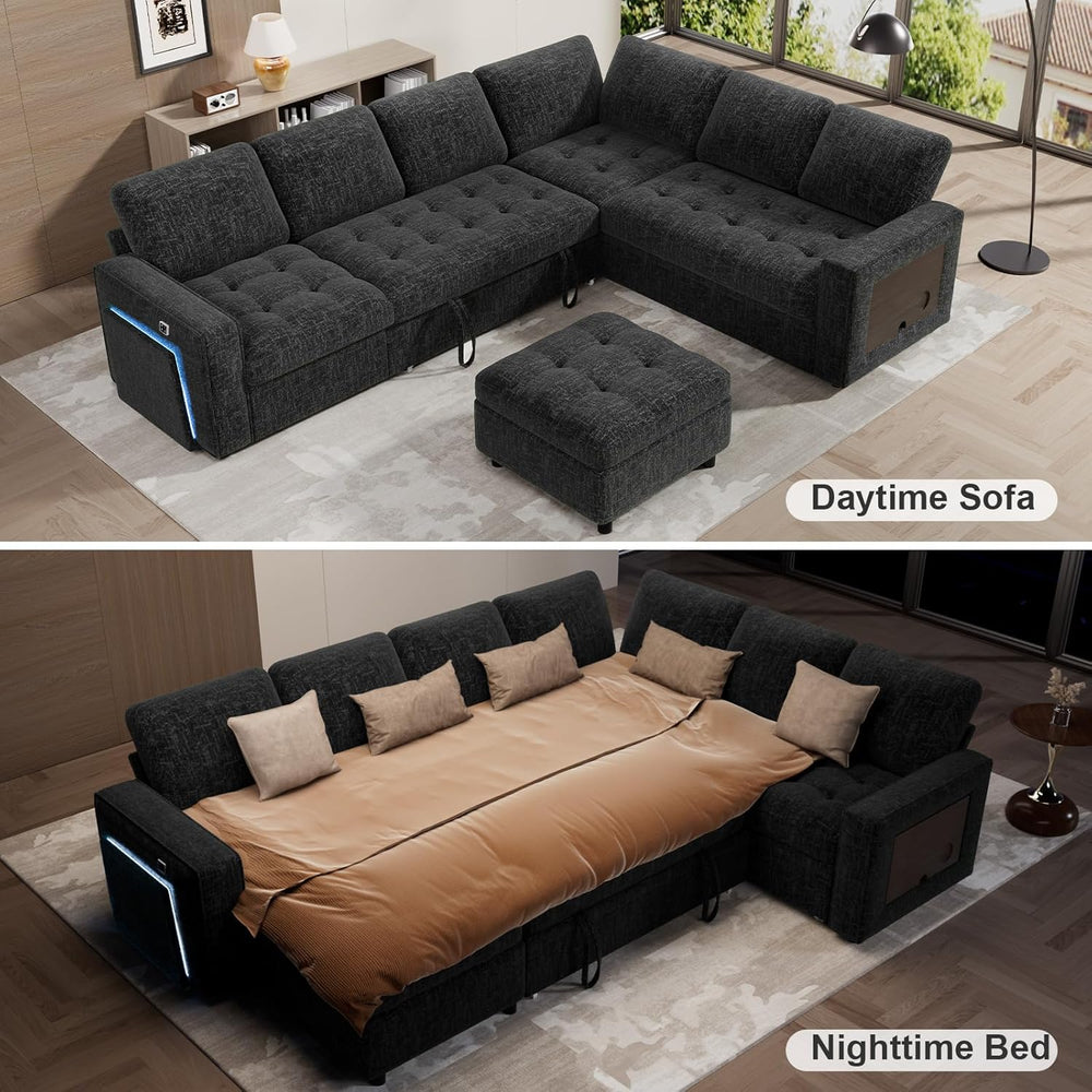WEUP 7 Seat L Shaped Sectional Sleeper Sofa Bed with Pull Out Bed, Chenille S...