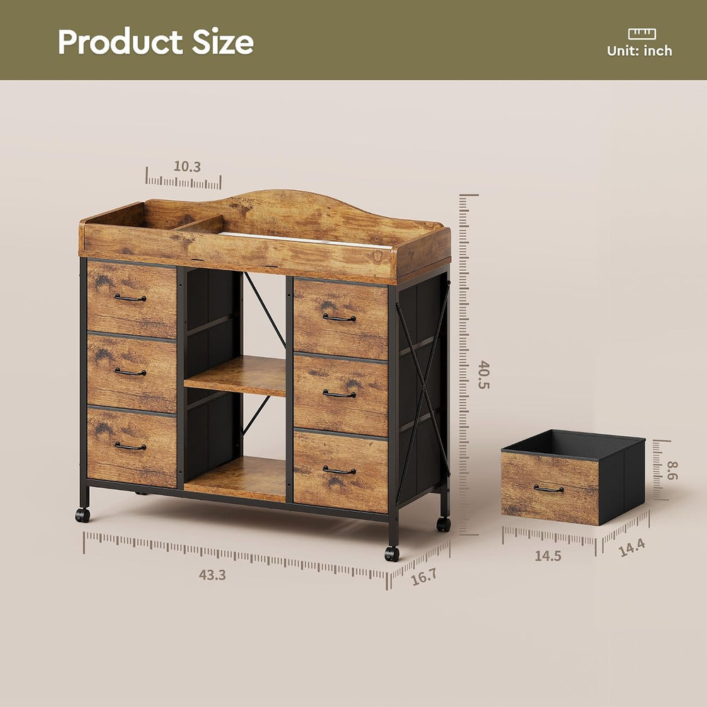YeTom Changing Table, 6-Drawer Dresser, Adjustable Shelves, Rustic Brown