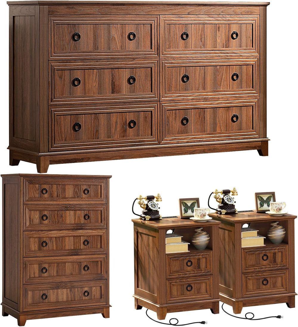 Joaxswe Bedroom Dresser and Nightstand Sets 4 Piece,Farmhouse Brown Dresser