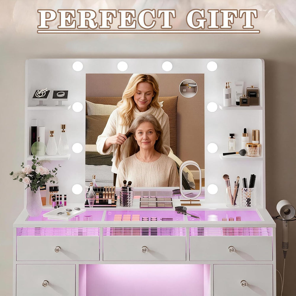 Makeup Vanity Glass Top, White Vanity Desk, Dressing Table, 23.5" Mirror...