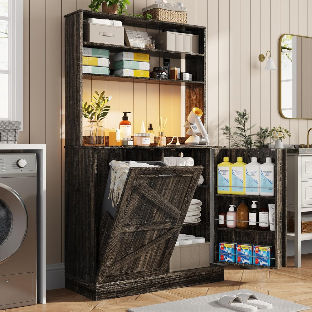 Squireewo 63" H Pantry Cabinets with 10 Gallon Trash Can,Led Light,Outle...