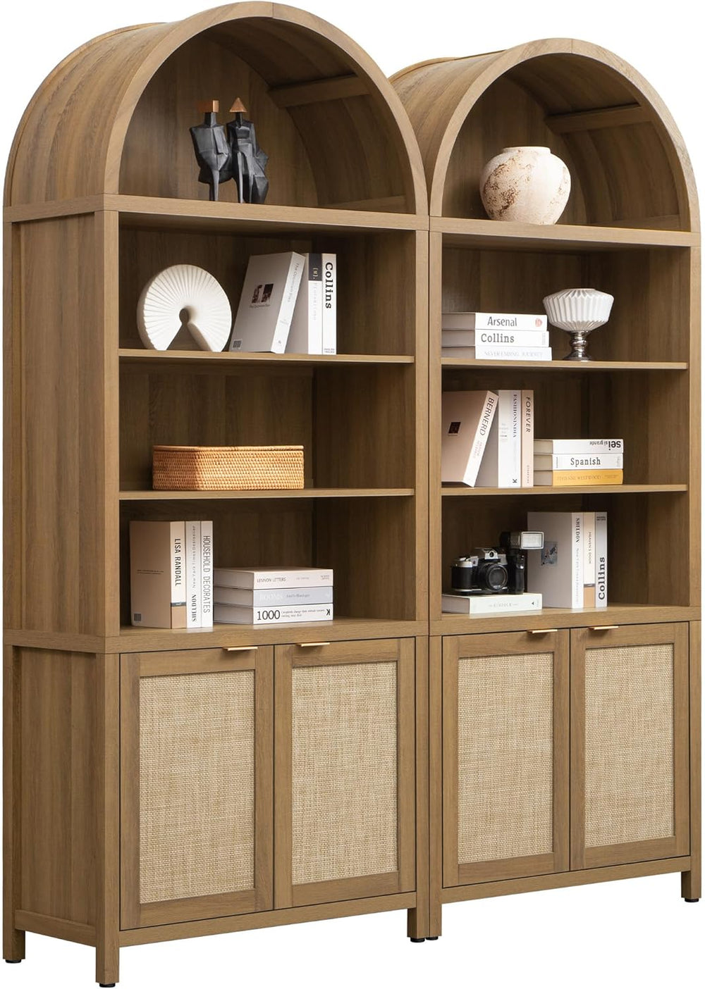 SICOTAS 84.2" Tall Arched Bookcase with Doors - 5 Tier Rattan Bookshelf