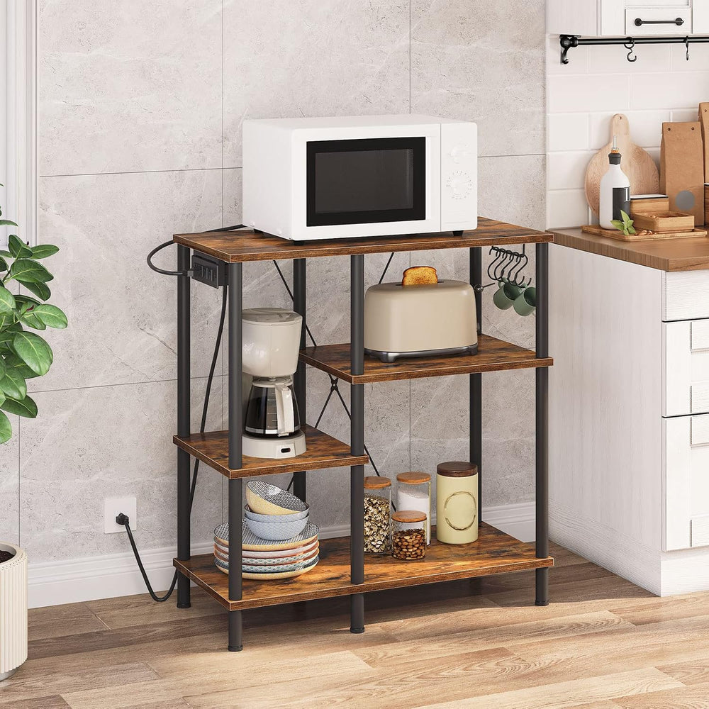 HOOBRO Bakers Rack with Power Outlet, Microwave Stand with 5 S-Shaped Hooks, ...