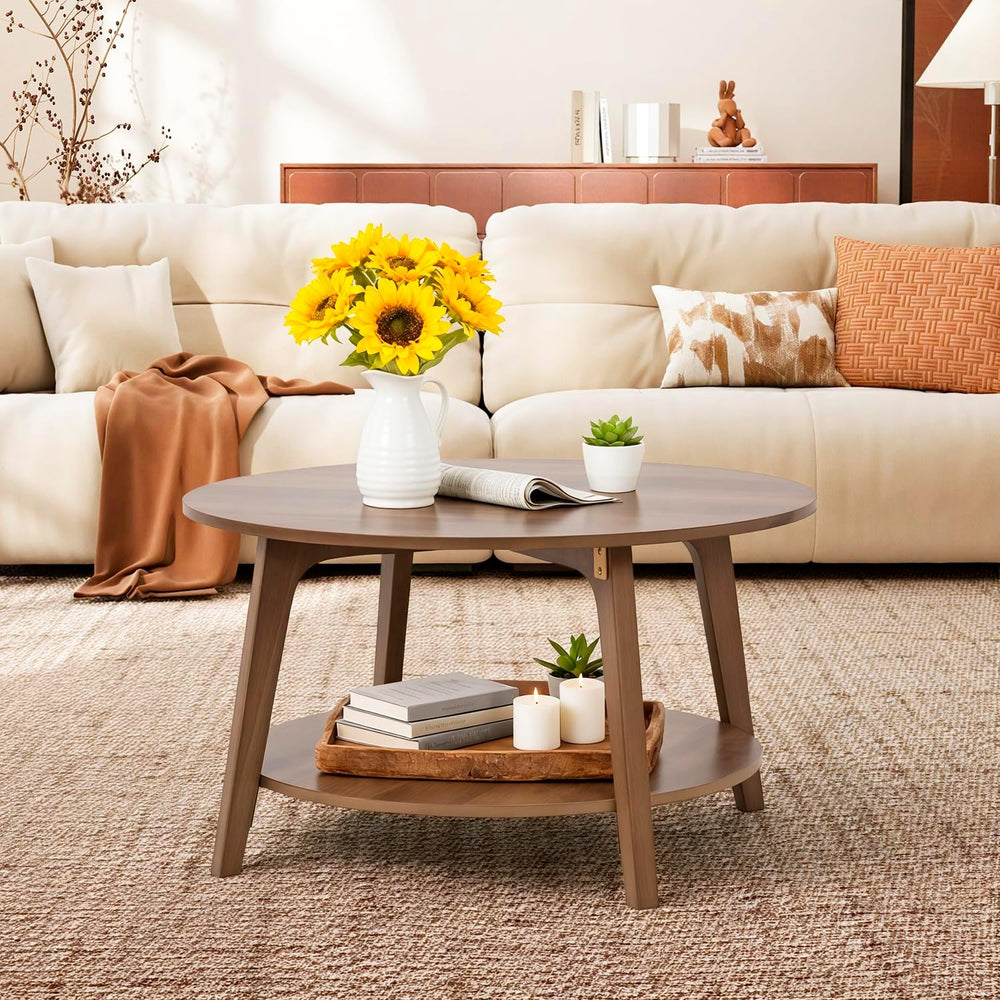 FDW Round Coffee Table 2-Tier Modern Wood Center Table with Storage for Livin...