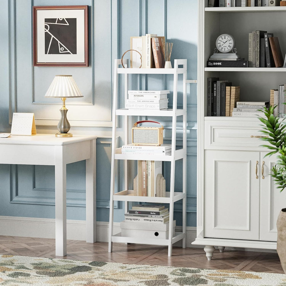 Bamboo Ladder Bookcase 5-Tier Freestanding Shelf, Bathroom Storage Rack &...