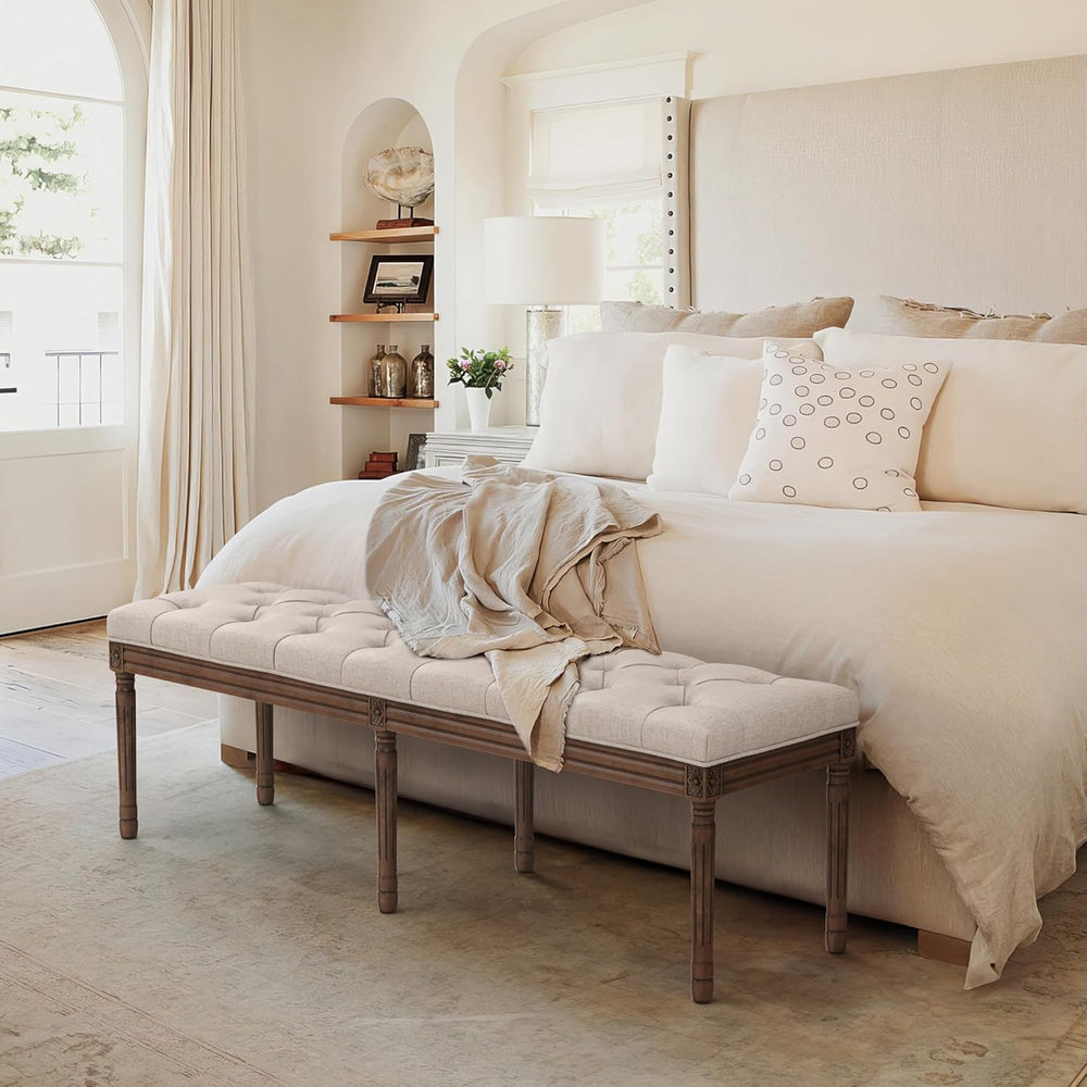 LUE BONA 60" Fabric End of Bed Bench, Upholstered Tufted French Bedroom ...