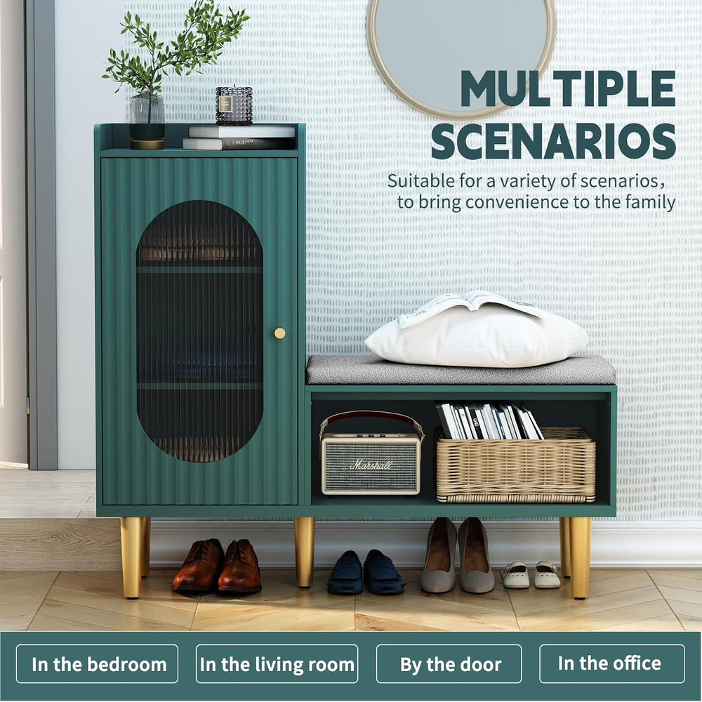 HLR Shoe Storage Bench with Glass Door&Shelf, L-Shaped Shoe Cabinet, Gree...