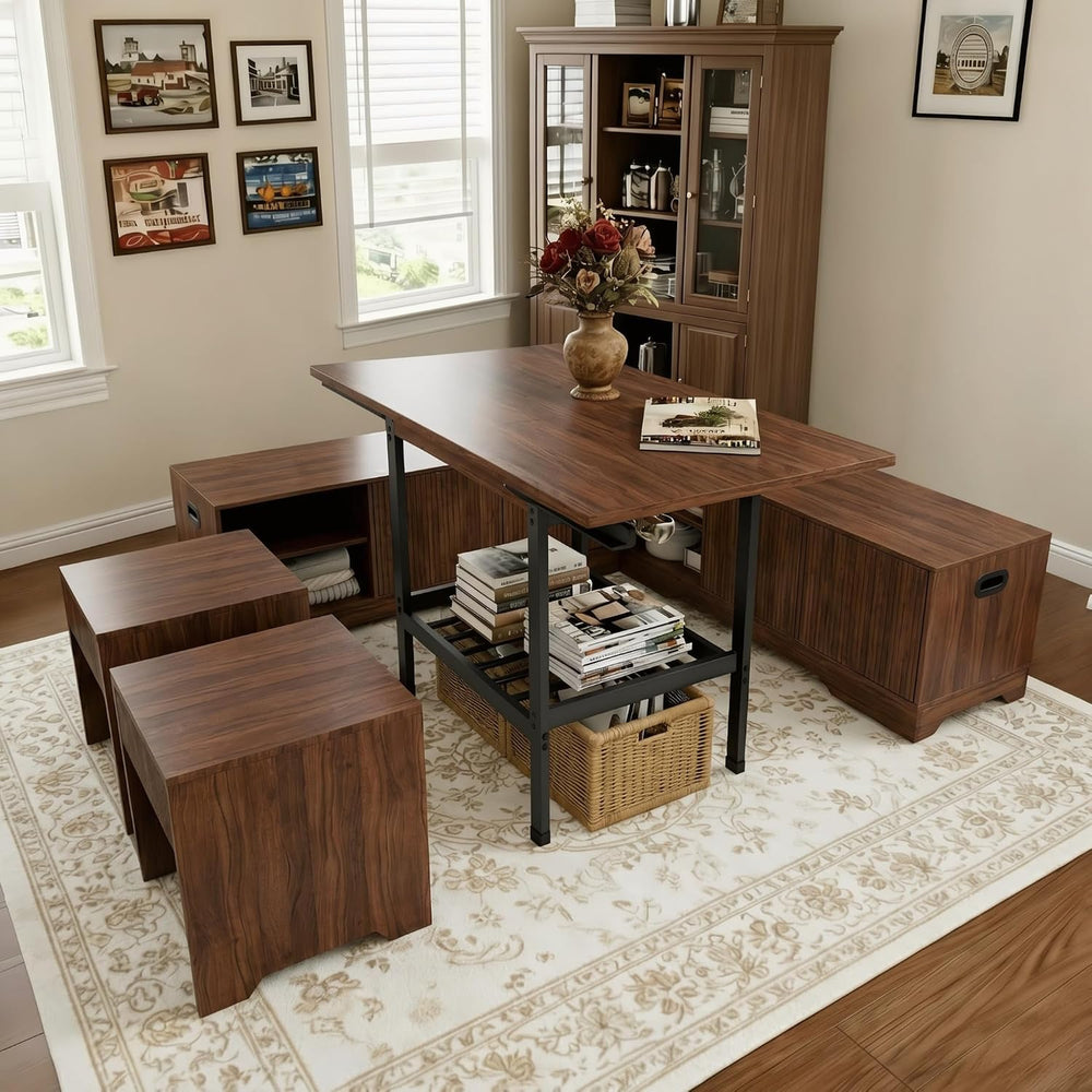Extendable Breakfast Nook Table Set with Storage Benches & Stools, 6-Piec...