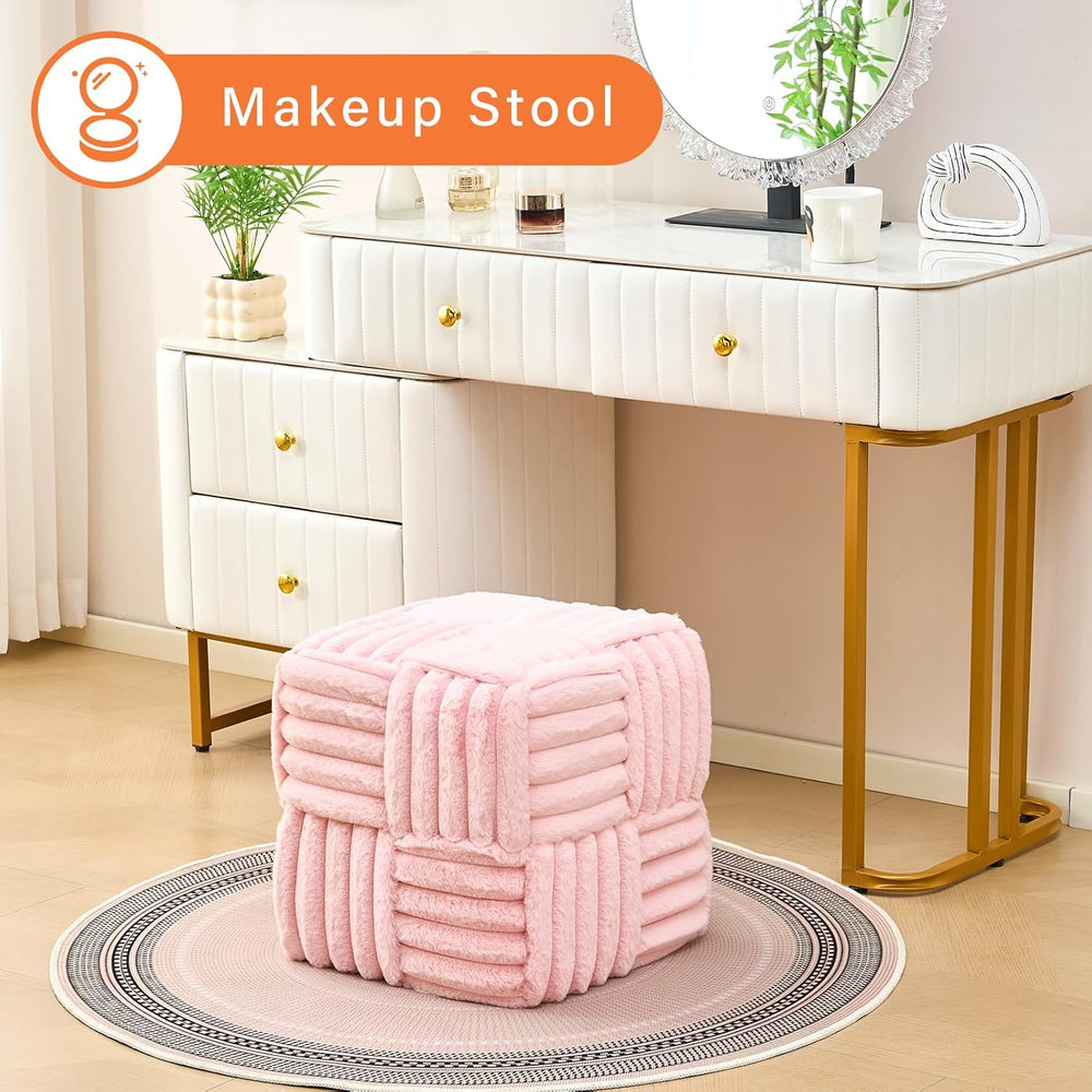 Faux Fur Ottoman Footrest 15.7" Square Vanity Stool, No Assembly Require...