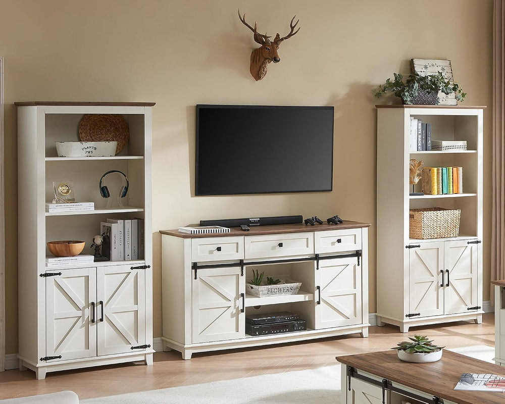 AMERLIFE 2-Piece 5-Tier Farmhouse Bookcase with Barn Doors, Rustic White