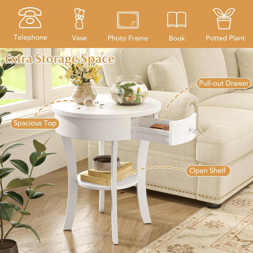 GOFLAME Round End Table with Drawer, 2-Tier Sofa Side Table with Solid Wood L...
