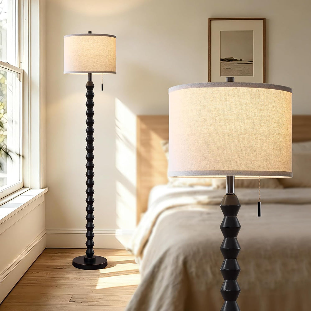 65" Black Solid Wood Modern Floor Lamp with Pull Chain Switch