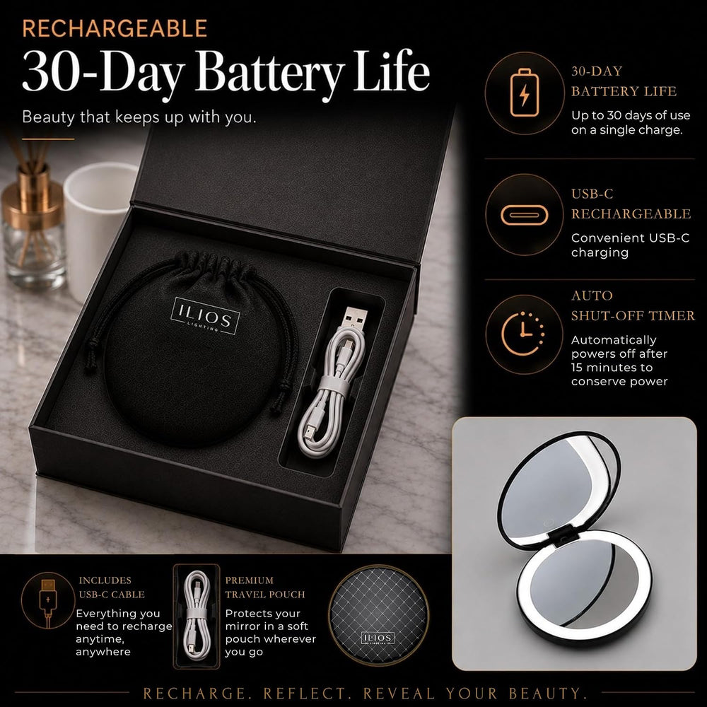 Ilios Lighting LED Compact Mirror with Light — 1x & 10x Magnification, 30...