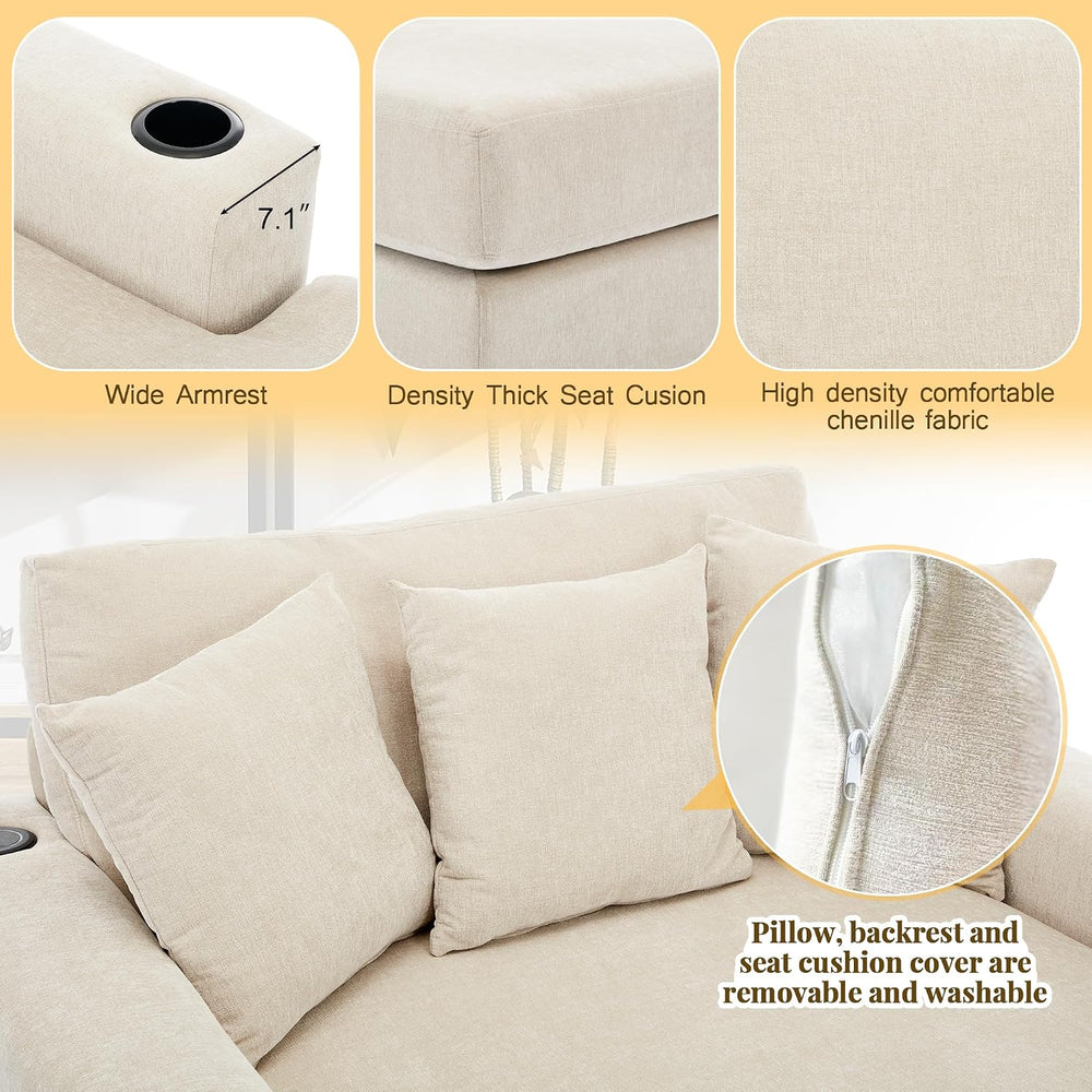 Merax Modern 55" Chaise Lounge with Pillow, Charge Station & Cup Hol...