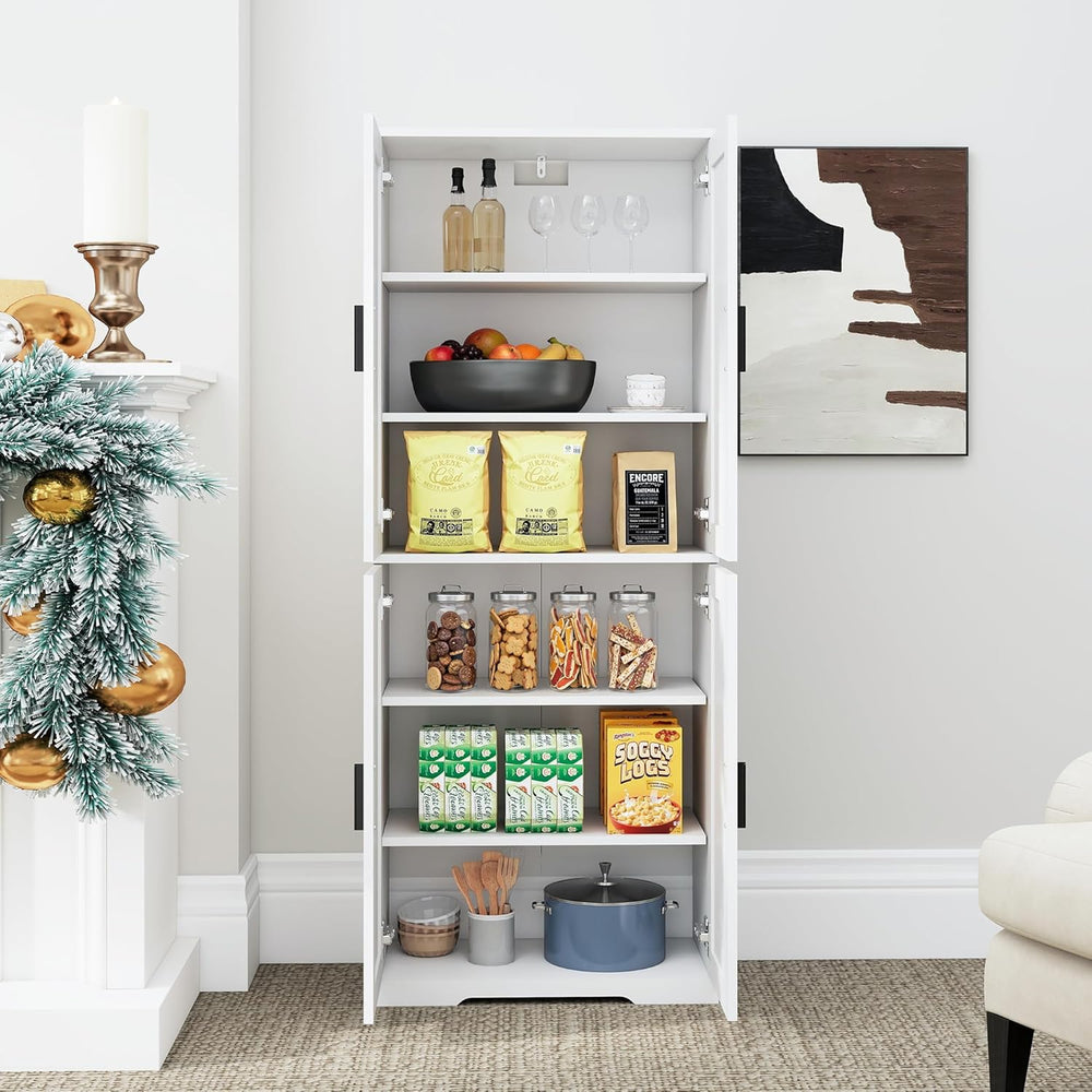 Farmhouse Storage Cabinet with 4 Door, Kitchen Pantry Storage with 4 Adjustab...