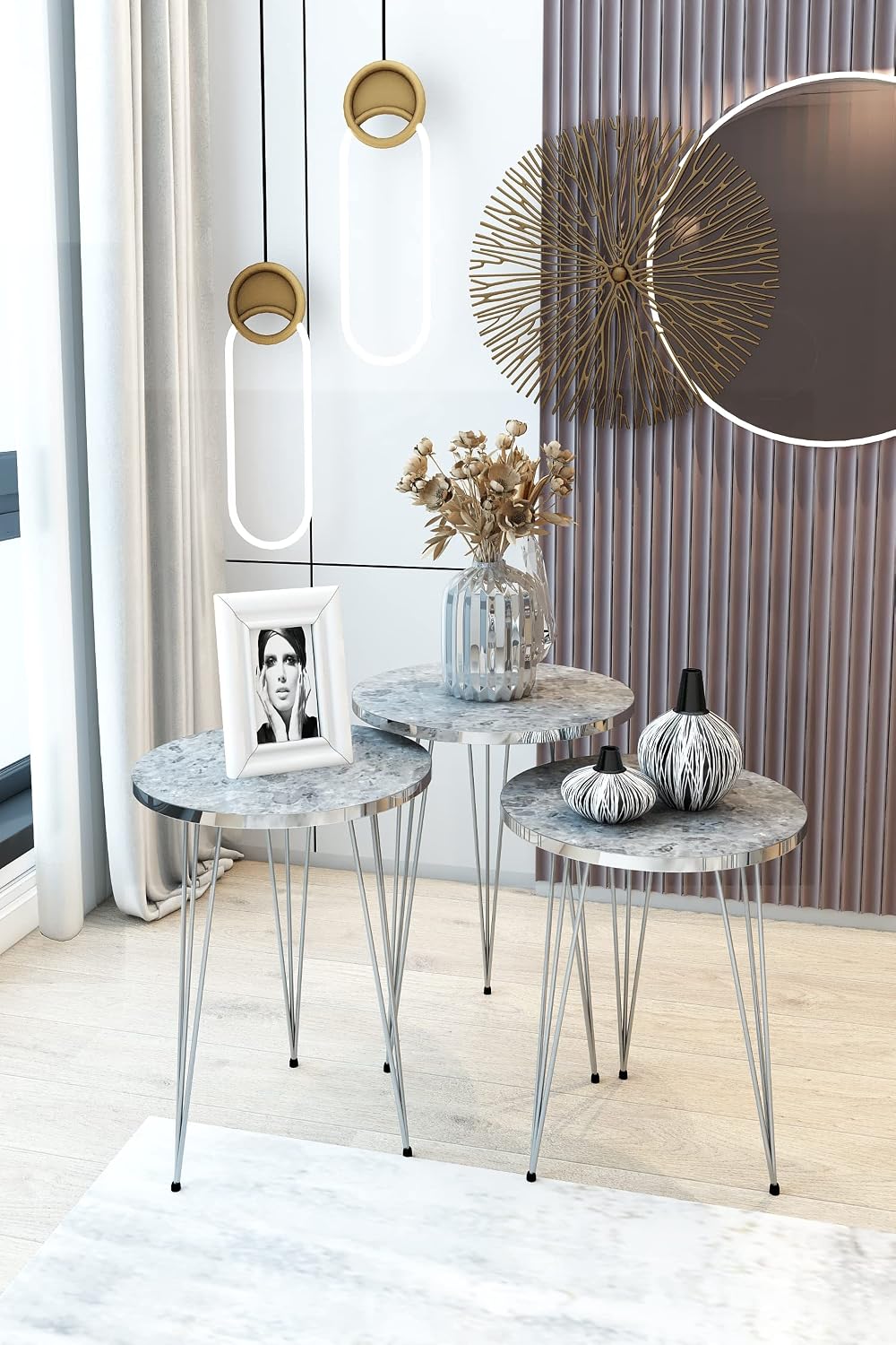 Set of 3 High Gloss Gray Marble Silver Legs Nesting End Tables Round Wood Sta...