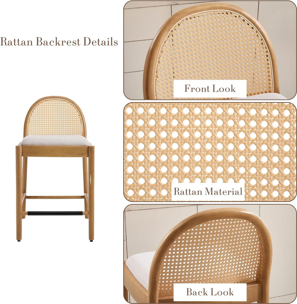 HEAH-YO Rattan Bar Stools Set of 2, 26 Inch Wood Counter Stools with Bakcrest...