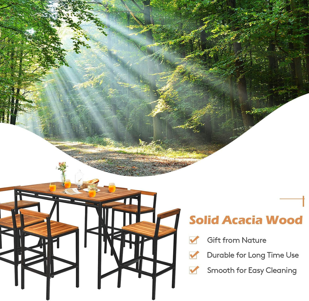 Tangkula 7-Piece Acacia Wood Bar Set with Patiojoy Outdoor Rattan High-Dining...