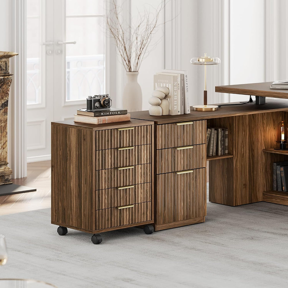 5 Drawer Chest, Under Desk Storage Wood Drawers with Wheels, Fluted File Cabi...