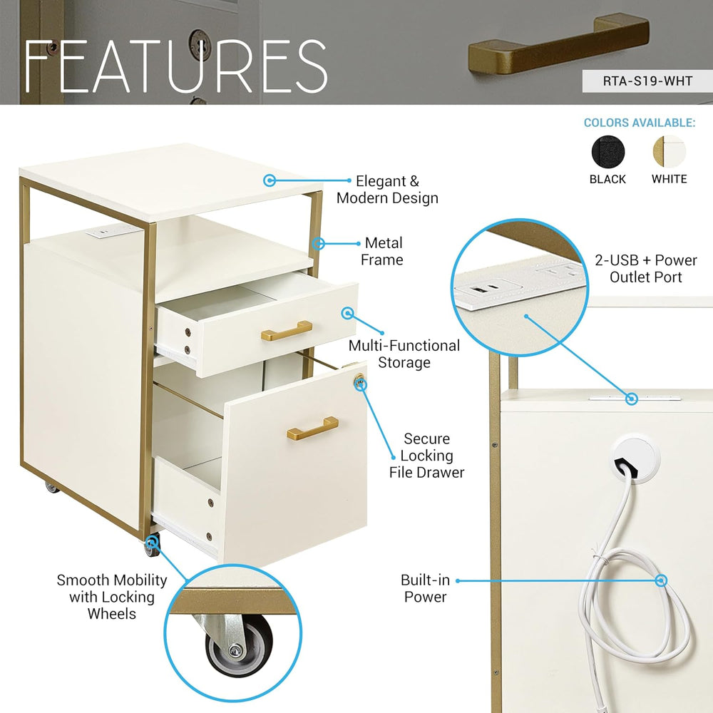 Techni Mobili 2‑Drawer Rolling File Cabinet with Lock, USB & Power Outlet...