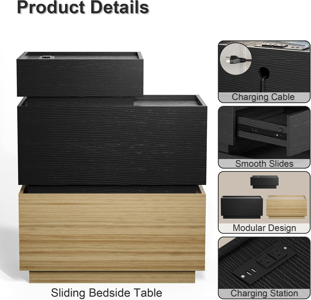 UEV End Table with Charging Station, Nightstand with Drawers and Storage, Nar...