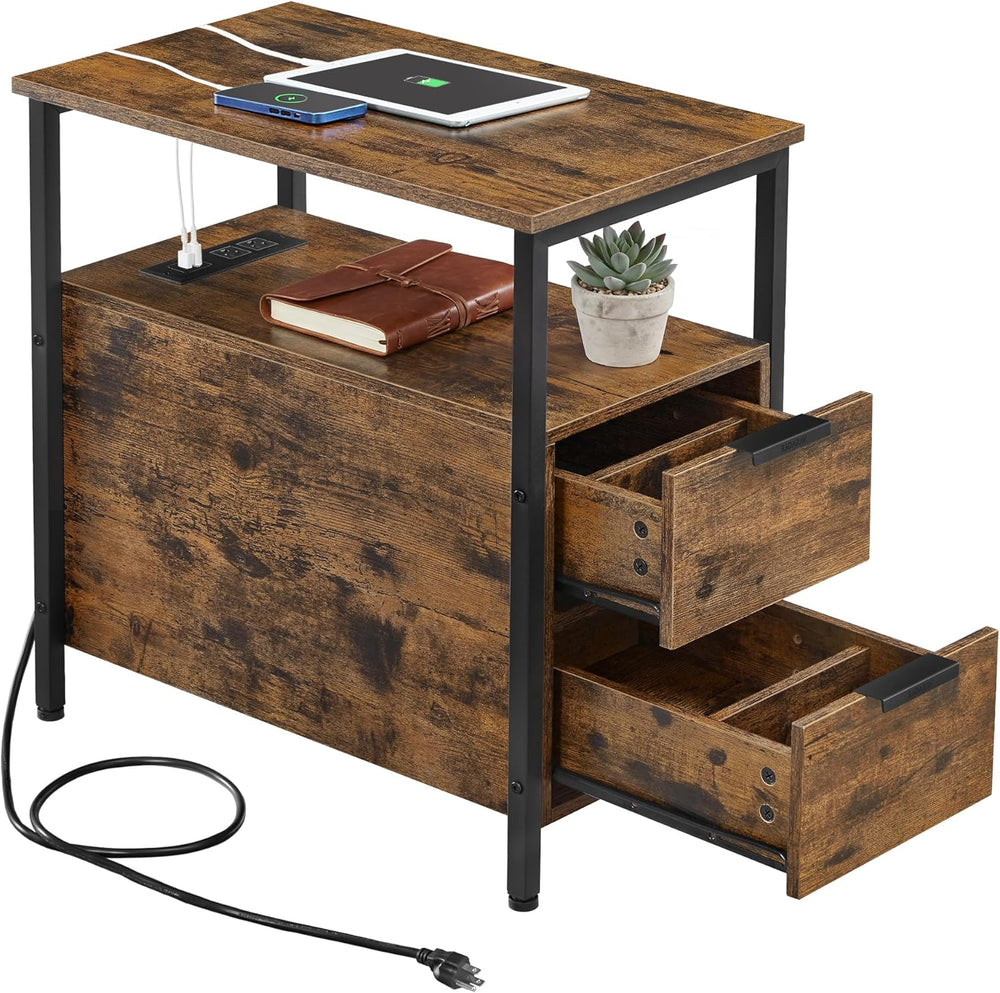 VASAGLE Side End Table with Charging Station, Slim Nightstand with 2 Drawers,...