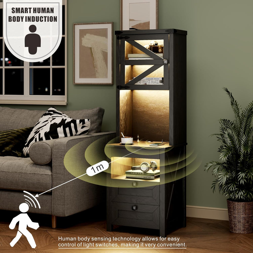 Farmhouse Tall Night Stand with Charger Station, Bedside Table with Shelves, ...