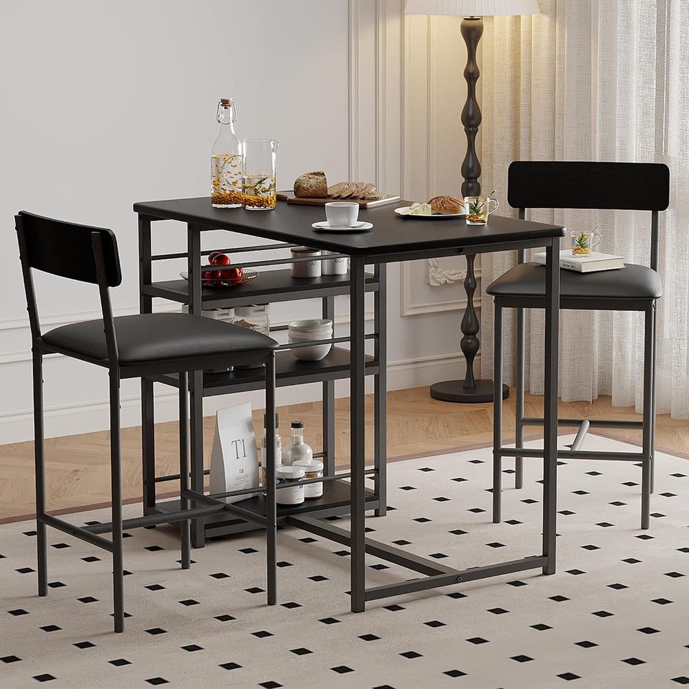 3 Piece Counter Height Dining Table Set for 2 with 3-Tier Storage Open Shelve...