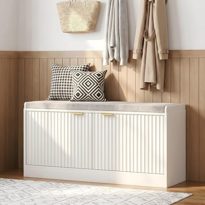 Fluted Shoe Storage Bench with Cushion, 2-Tier Entryway Shoe Bench with Adjustable Shelves, Hidden Shoe Cabinet Bench with 2 Doors for Hallway, Living Room, Bedroom End of Bed,White