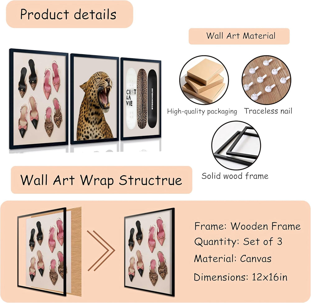 Stockholm Style Set of 3 Wall Art Set Leopard Print & Preppy Fashion Art ...