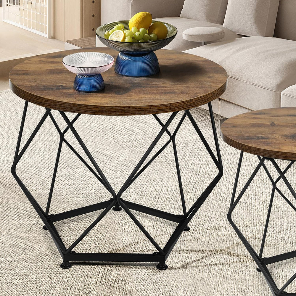 Small Coffee Table, Round End Table Set of 2 with Wooden Table and Metal Fram...