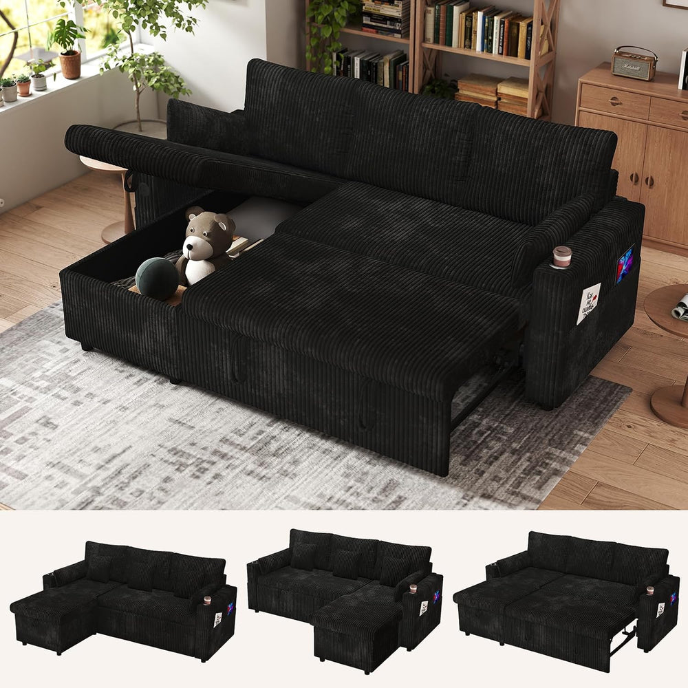 3 in 1 Pull Out Couch, Corduroy L Shaped Couch Sleeper Sofa Bed, Black | Reve...