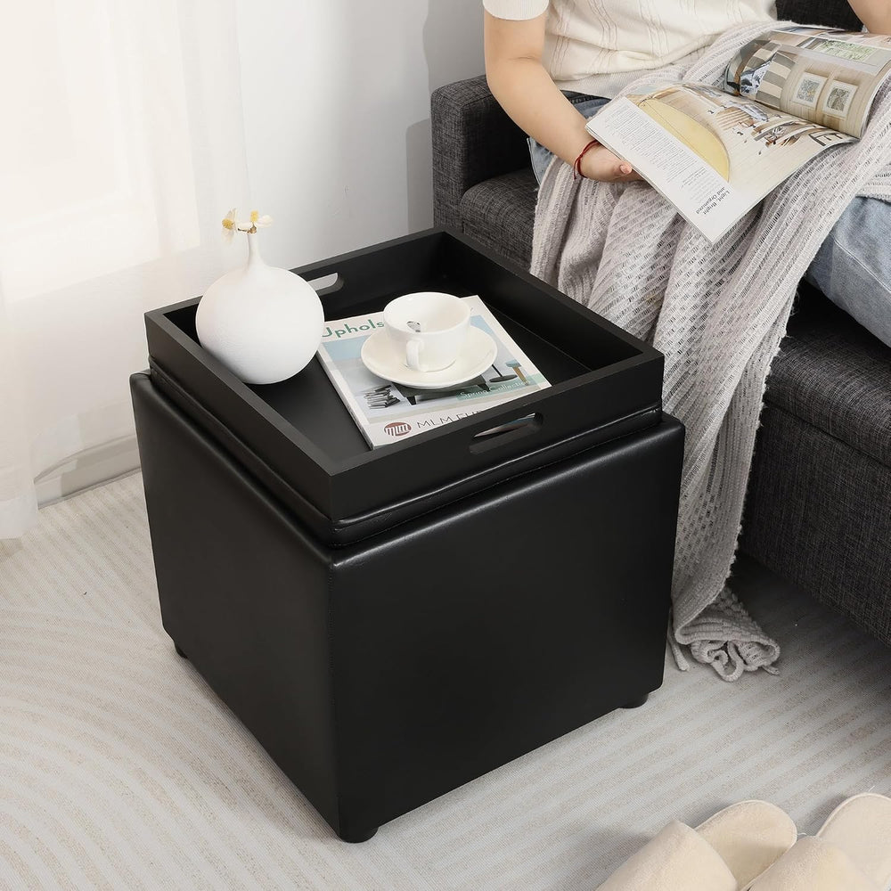 Adeco 17" Black Storage Ottoman Cube with Tray Lid, Small Footstool with...