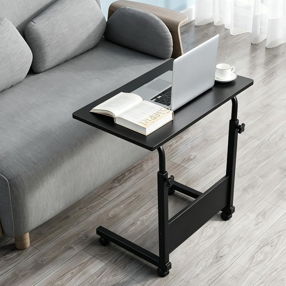 Height Adjustable Sofa Side Table Wood End Table with Wheels, Small Rolling B...