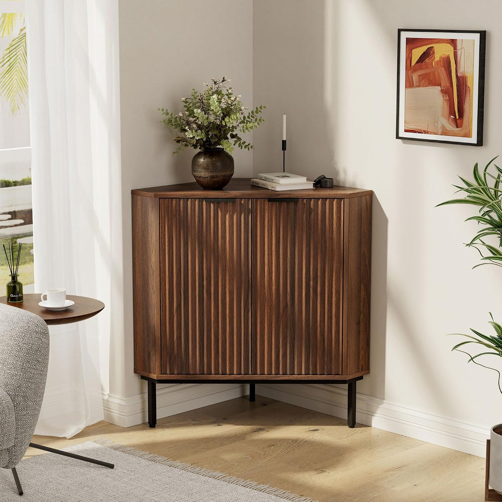 Fluted Corner Cabinet, Modern Small Floor Storage Cabinet with Adjustable She...