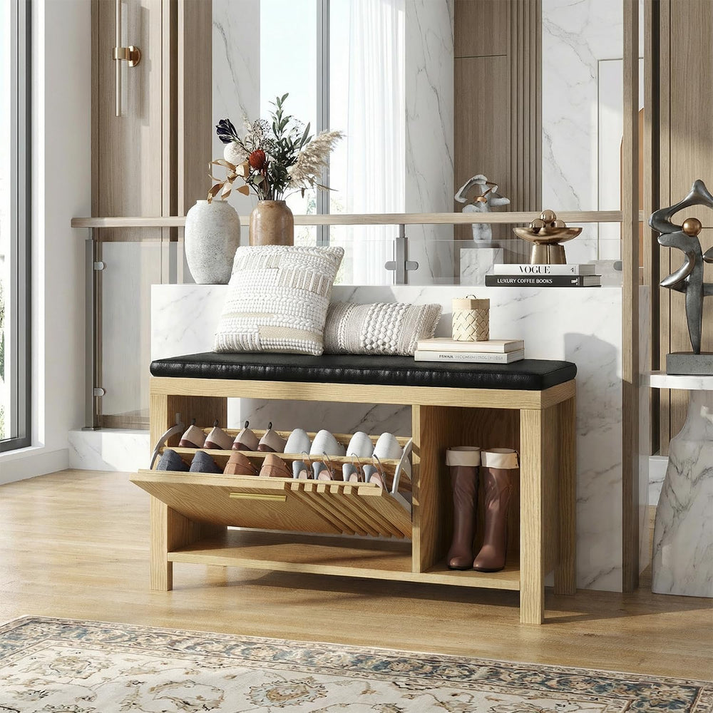 UNIQUITE Shoe Storage Bench with Flip Drawers, Padded Seat Cushion, 39.4"...