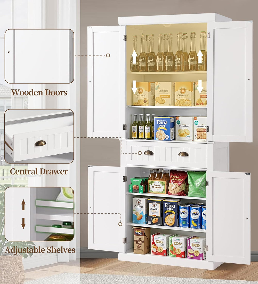 KIGOTY 72" Tall Kitchen Pantry Cabinet with Drawer and 4 Adjustable Shel...